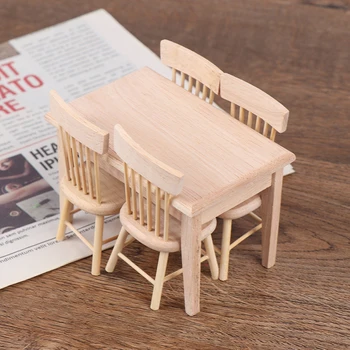 1Set Mesa de Jantar Cadeira Modelo 1:12 Casa de bonecas em Miniatura de Móveis de Madeira de Brinquedo Conjunto de Alta Qualidade