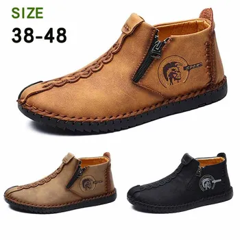 Homens Casuais Sapatos de Couro de Qualidade Outono Homem Moda Retrô Mid-top Botas de Caminhadas ao ar livre Flats Grande Tamanho 38 ao 48