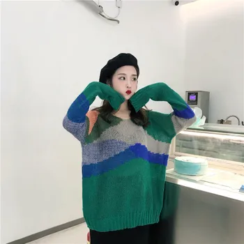 QRWR 2020 Primavera, Outono coreano Mulheres de Camisola Casual O Pescoço de Retalhos de Malha, Pulôver Solta Elegante Camisola de grandes dimensões