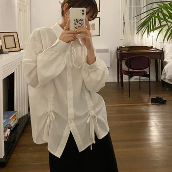 2cores cor sólida camisa de algodão estilo coreano de manga longa, blusas 2021 primavera laço frouxo mulheres tops e blusa (F4219)