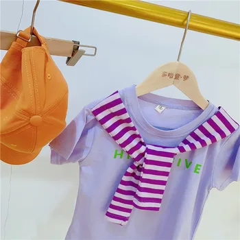 A criança de Meninas T-shirts Casual coreano Faixa de Costura de Mangas Curtas, Tops para o Menino Crianças Roupas de Verão Crianças do Bebê Tees 2020
