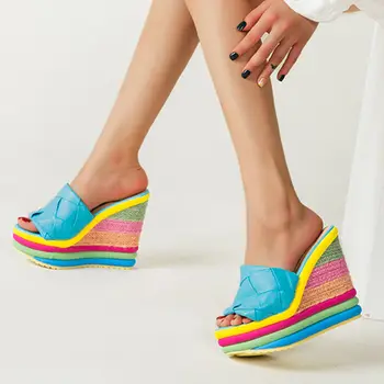 BONJOMARISA Chegada Nova Marca de Design de Sandálias INS Venda Quente Colorido arco-íris Sandálias das Mulheres 2020 Alta do Verão Cunha Sapatos de Mulher