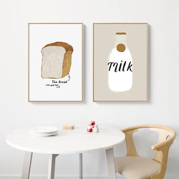 Nordic pintados à Mão garrafas de leite, pão de arte de Parede de lona impressão de pintura de Parede dos desenhos animados Fotos de Sala de jantar morden a decoração Home