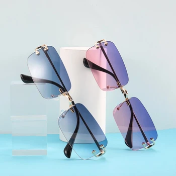 2021 novo retângulo azul sem moldura, óculos de sol dos homens de metal de moda pequena praça óculos de sol das senhoras gradiente de vidro frameless UV400