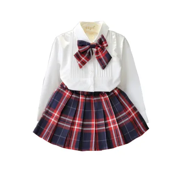 Criança Menina Roupas de Outono Bowie Camisas Manga Longa +Saia Plissada xadrez Moda Bebê, Vestidos de Idade 2T 3 4 5 6 7 8 Anos de Idade