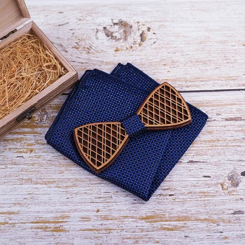 Novo design de Dupla camada de Madeira Gravata dos Homens de gravata borboleta de Madeira de Punho Conjunto Negócio do tipo Ligações de Punho para o Casamento, azul Marinho e Gravata