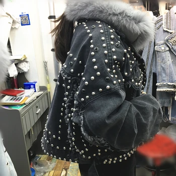 Pele de raposa rebite cortada jaqueta jeans coreano jaqueta jeans mulheres da moda casacos de 2019 novo inverno grossa solta veste femme