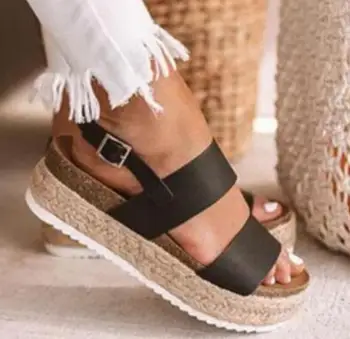 Mulheres de verão, sandálias de praia 2020 NOVO salto alto sapatos de gladiador confortável, além de tamanho de calçado casual de cunha de cortiça sapatos de mulher