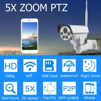 HD 1080P 3G 4G Cartão SIM do Wifi da Câmera ao ar livre PTZ Câmera da Bala IR sem Fio 50M 5X, Zoom de Foco Automático de CFTV acesso Wi-Fi Câmera IP