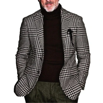 Blazer De Mens Britânico Elegante Masculino Blazer Jaqueta De Terno Business Casual Single-Breasted Houndstooth Blazer Para Os Homens