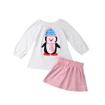 Super Fofo Crianças Meninas Penguin Impressão de Verão, Roupas de Bebê Recém-nascido Criança Menina T-shirt Tops+Saia Tutu Conjunto de Roupas Casuais