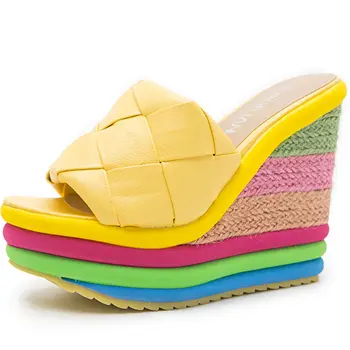 BONJOMARISA Chegada Nova Marca de Design de Sandálias INS Venda Quente Colorido arco-íris Sandálias das Mulheres 2020 Alta do Verão Cunha Sapatos de Mulher