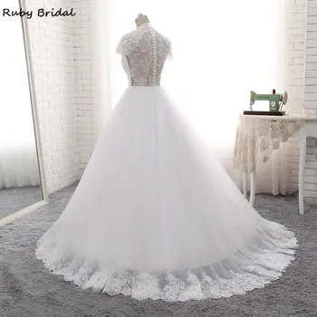 Ruby 2021 Imagem Real Elegante Vestido De Noiva Longo de Uma linha de Vestidos de Casamento Baratos de Tule Branco Apliques de Mangas Curtas PW7