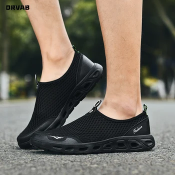 Sapatos Slip-On Homens Confortável Leve De Malha Respirável Sapatos Masculinos Adulto De Todos Os Negros De Verão Casual, Mocassins, Andando De Tênis