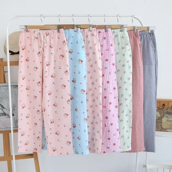 Mulheres de Calça de Pijama Algodão, Gaze Casa Calças de Primavera e de Verão, Tamanho Grande Super Macio Casual Calças de Pijama Mulheres cor-de-Rosa