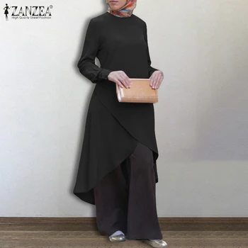 Mulheres Irregular Blusa ZANZEA Vintage Muçulmano Tops Casual Camisas Manga Longa Feminina Sólido Blusas Femininas Sólido Túnica Plus Size