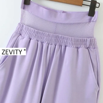 Zevity Mulheres Novas de moda malha com costura de cor roxa reta calças femme cintura elástica de lazer Calças chiques bolsos de calças P896