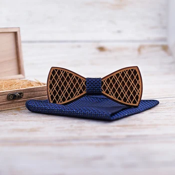 Novo design de Dupla camada de Madeira Gravata dos Homens de gravata borboleta de Madeira de Punho Conjunto Negócio do tipo Ligações de Punho para o Casamento, azul Marinho e Gravata