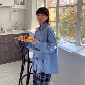 2cores cor sólida camisa de algodão estilo coreano de manga longa, blusas 2021 primavera laço frouxo mulheres tops e blusa (F4219)
